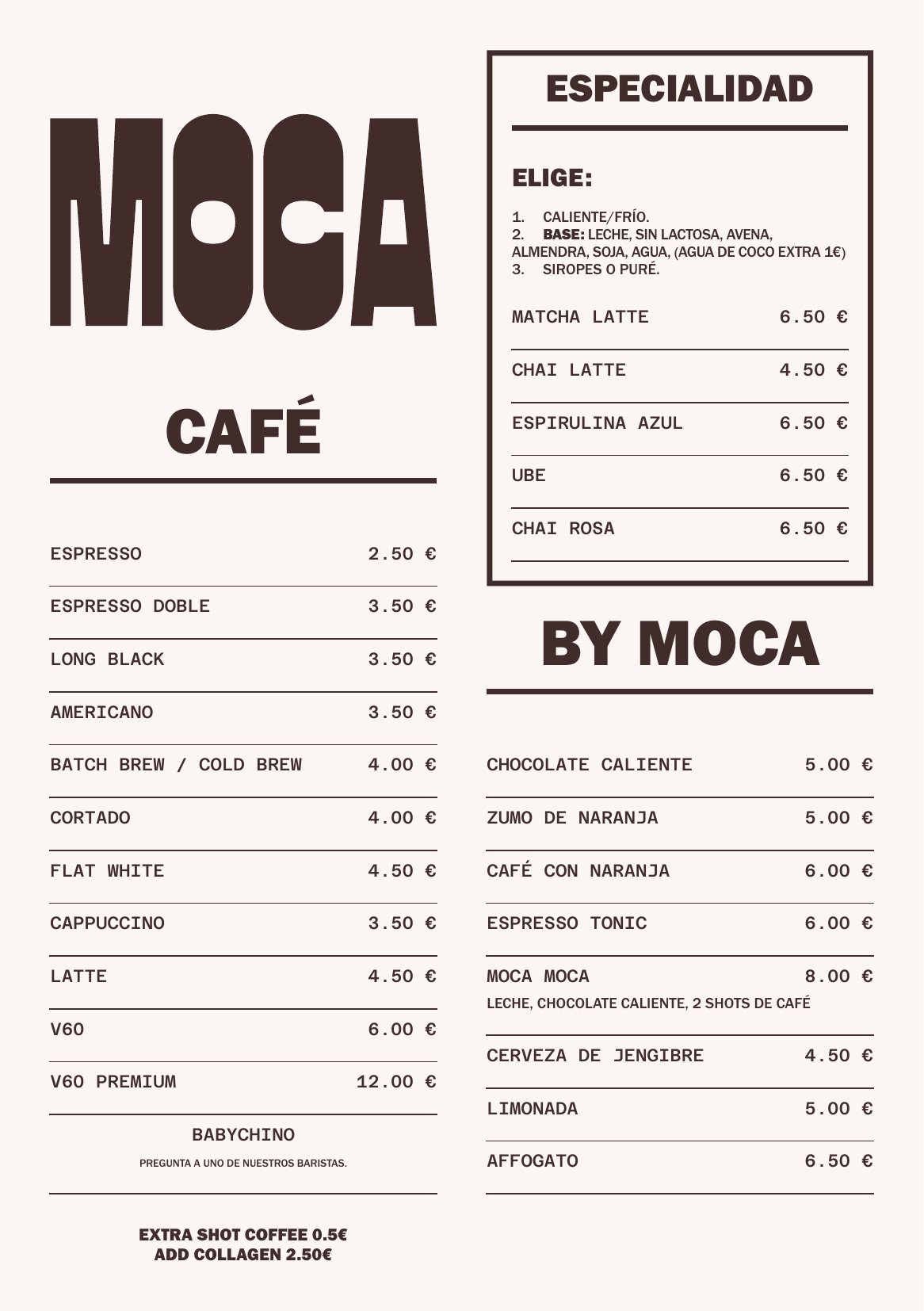 Carta de Moca, pagina 1: cafe de especialidad, especialidades Moca y bebidas By Moca con precios