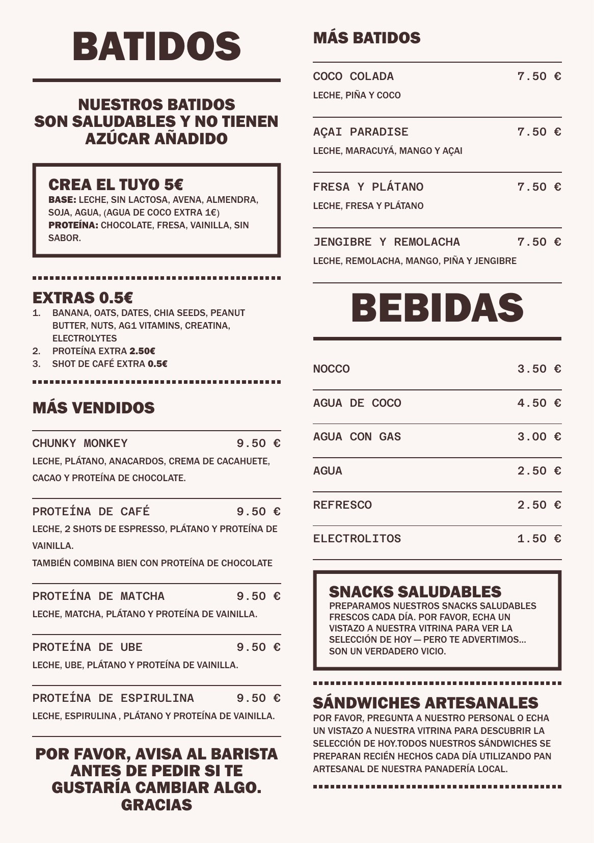 Carta de Moca, pagina 2: batidos, bebidas, snacks saludables y sandwiches artesanales