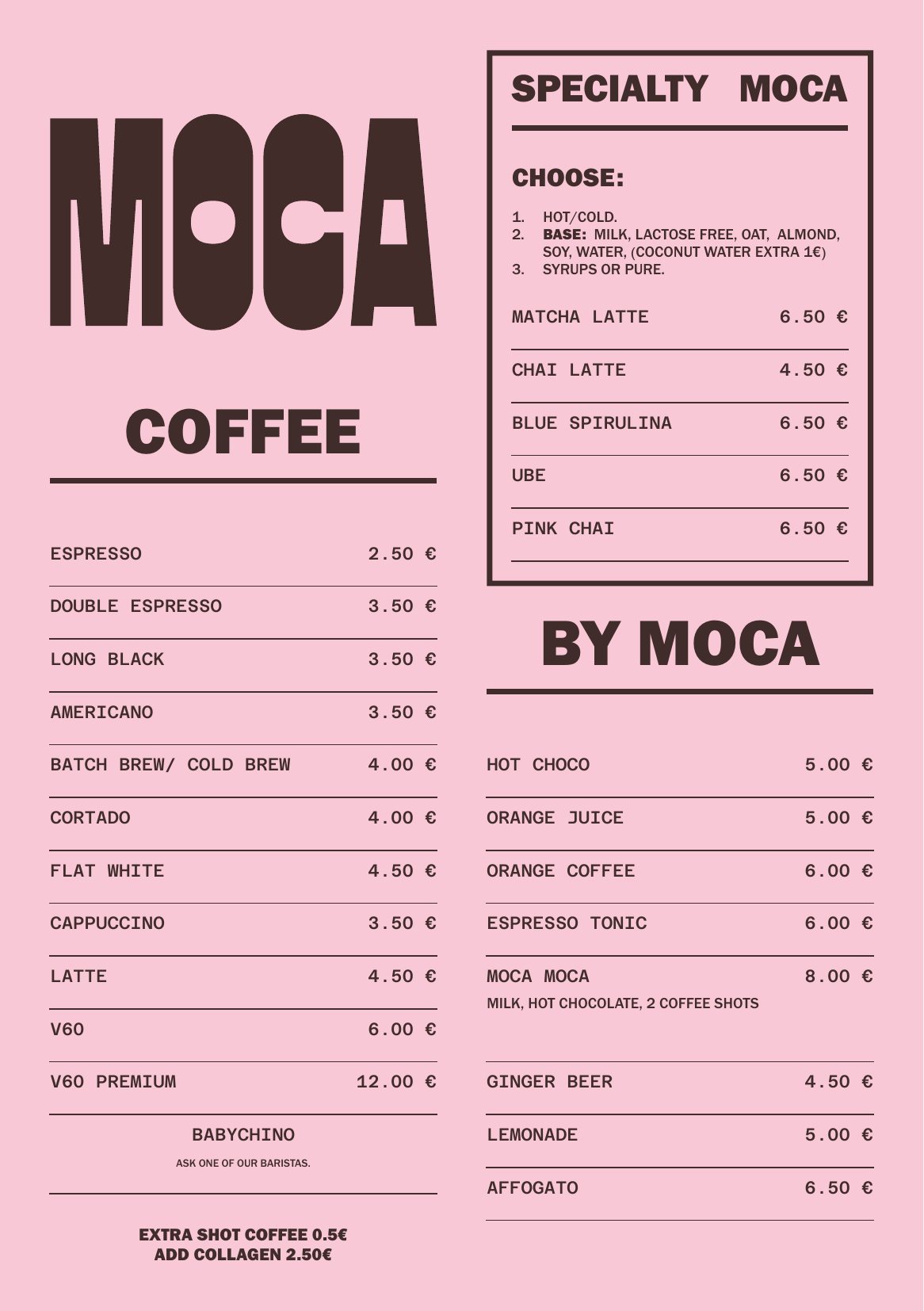 Moca menu, page 1: specialty coffee, Moca specialty drinks and By Moca drinks with prices