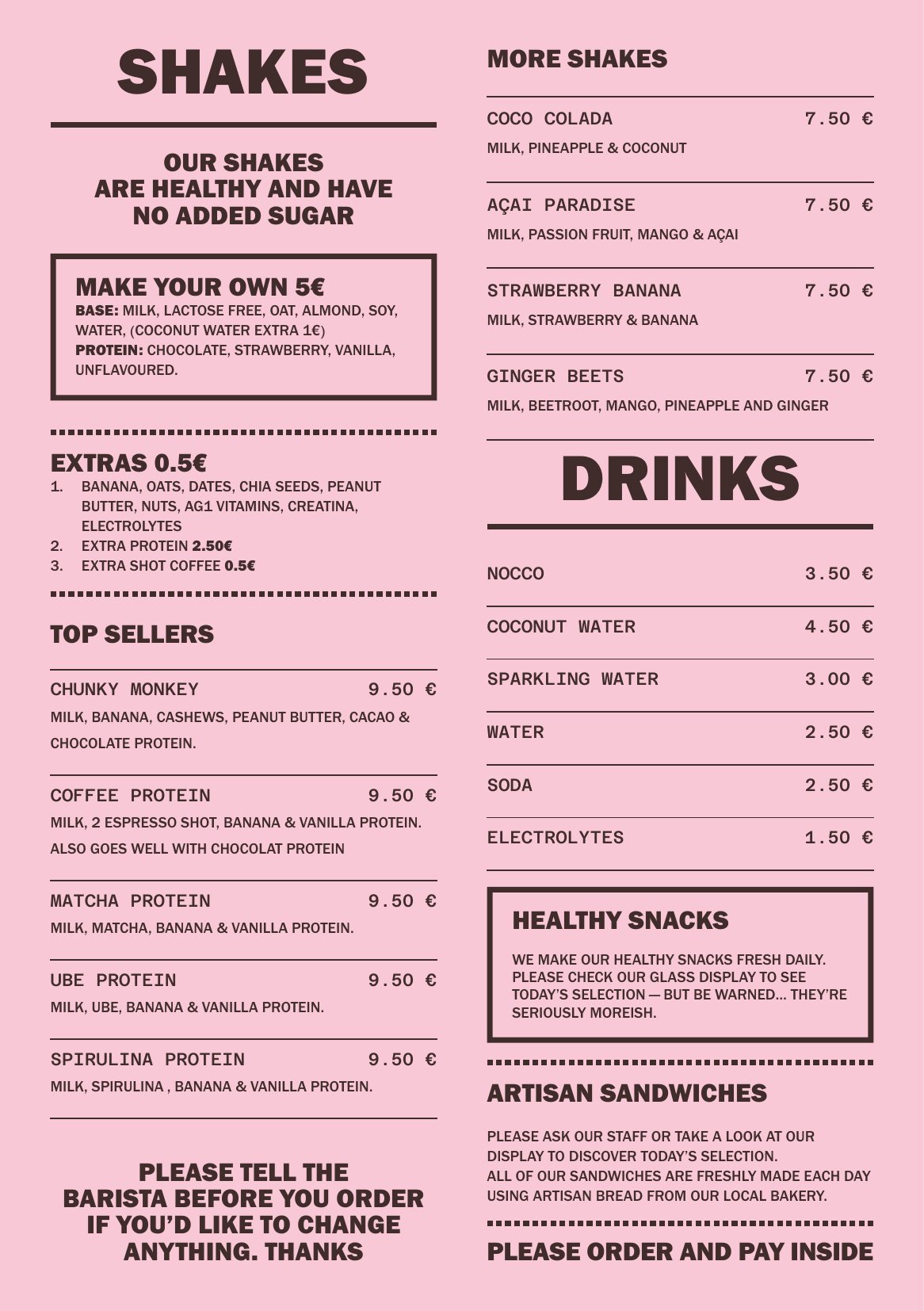 Moca menu, page 2: shakes, drinks, healthy snacks and artisan sandwiches